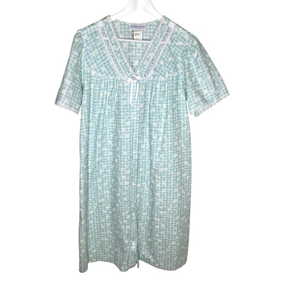 Vintage 80s Lightweight Cotton Blue & White Check Housecoat Robe, Pearl Snaps - Picture 1 of 7